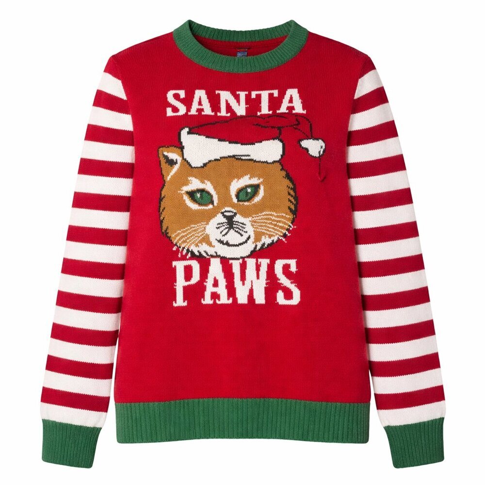 UGLY CHRISTMAS SWEATER Long Sleeve Scoop Neck “SANTA PAWS” Xmas Sweater Size L